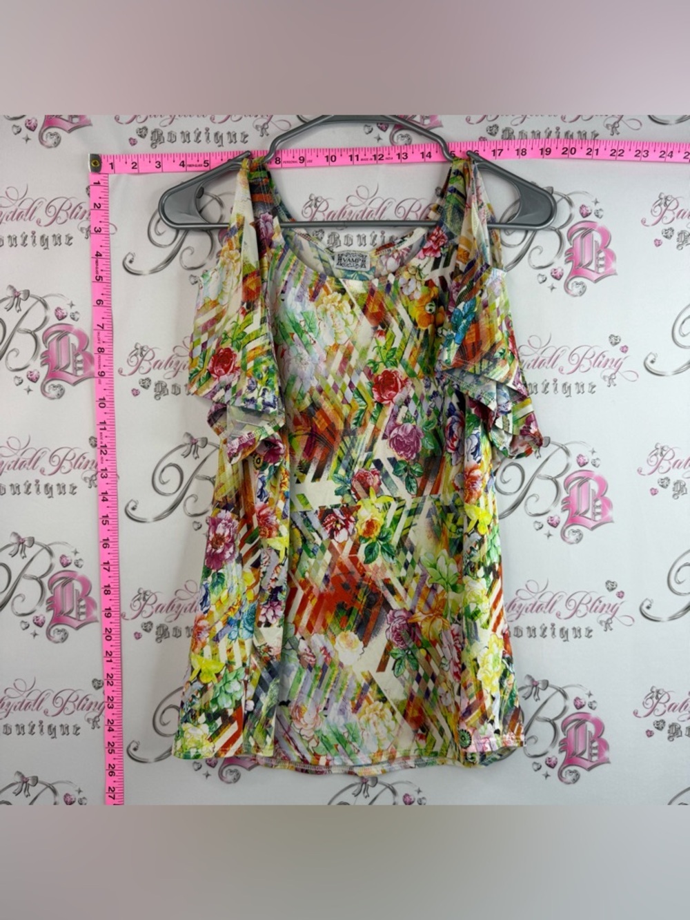 Vamp t-shirt, flowers, rainbow Floral Cold-Shoulder Short Sleeve Top - Multi